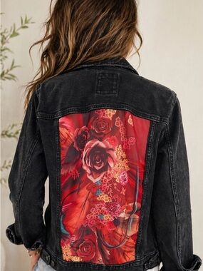 Upcycled Sonoma Black Denim Jacket with Red Floral Back Panel